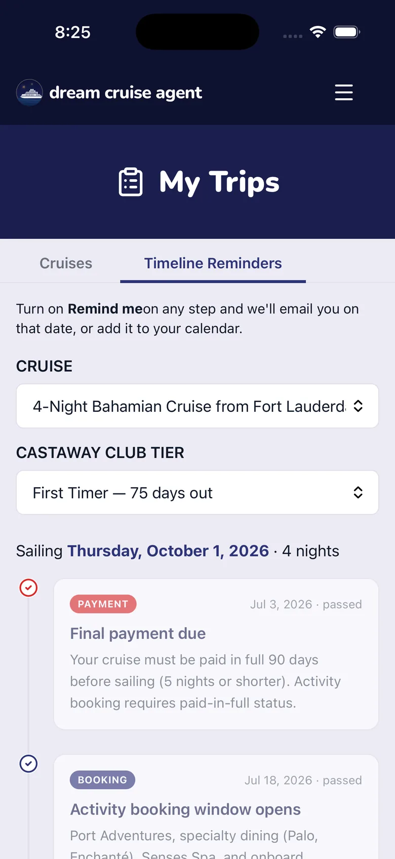 Timeline Reminders tab showing Disney pre-cruise booking windows